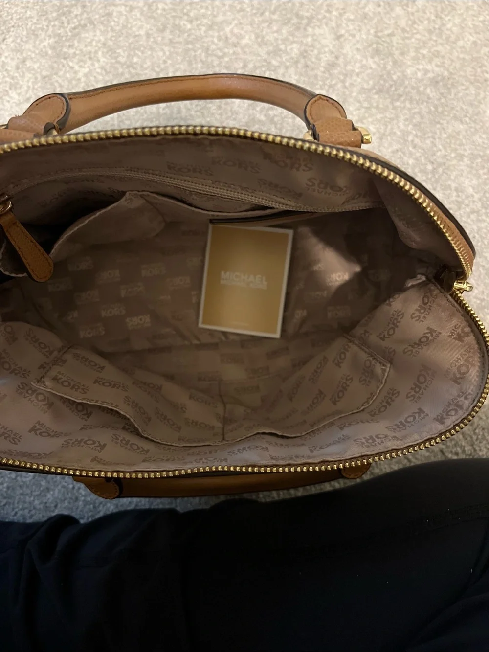 Michael Kors Cognac Pebbled Leather Dome Satchel with Gold Plaque
